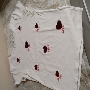 Runway Paris White T-Shirt w Red Sequin Hearts & Embroidered Love Size S